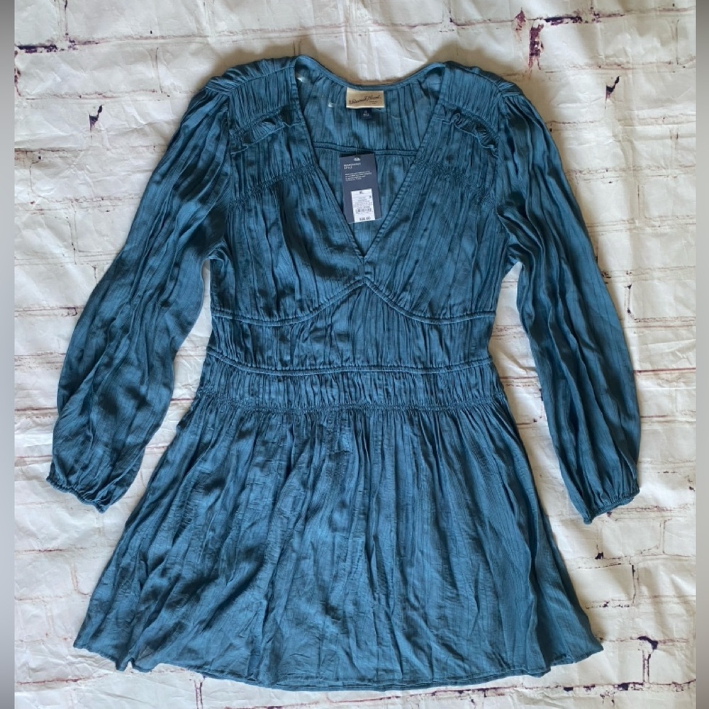Universal Thread Blue Mini Dress Long Sleeve Smocked Waist Boho XL NW